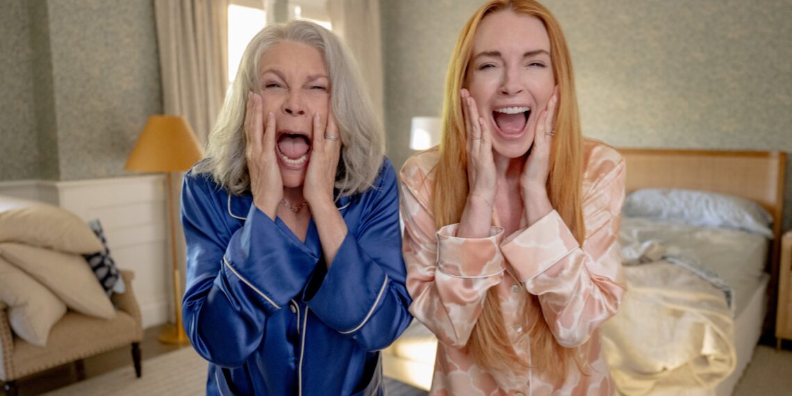 Jamie Lee Curtis as Tess Coleman and Lindsay Lohan as Anna Coleman in Disney's live-action FREAKIER FRIDAY. Photo by Andrew Eccles © 2024 Disney Enterprises, Inc. All Rights Reserved.