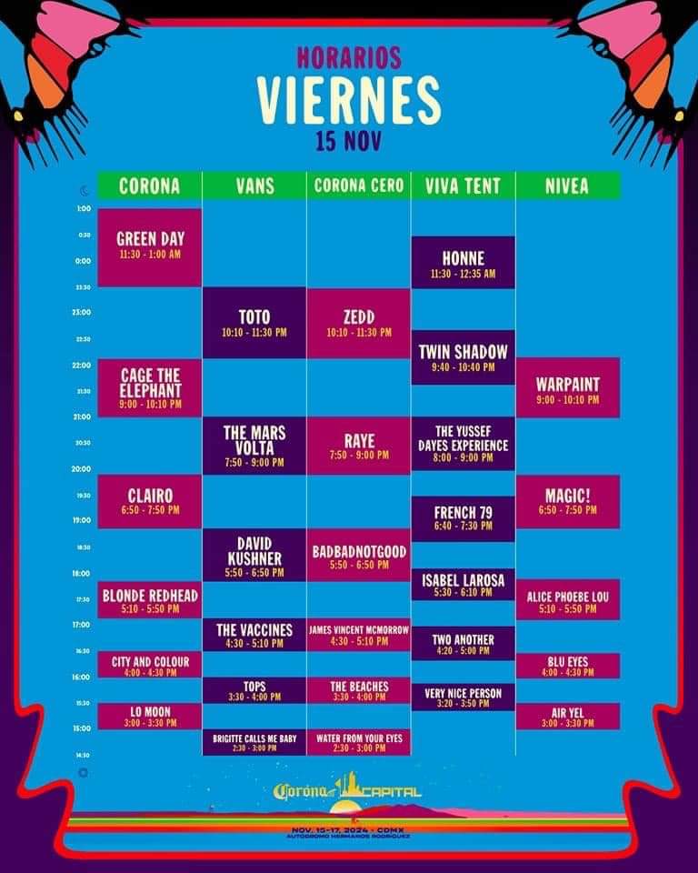 Horarios del día viernes