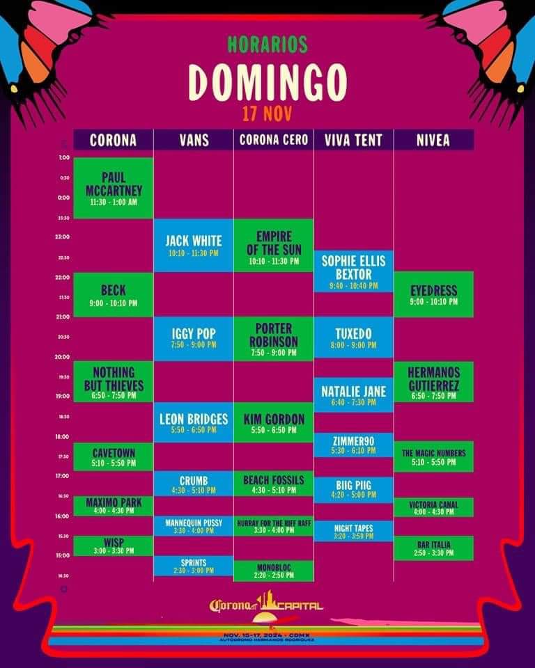 Horarios del día domingo