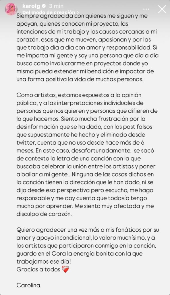Karol G responde ante polémica de su canción +57