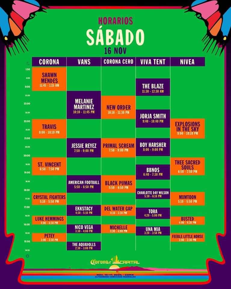 Horarios del día sábado