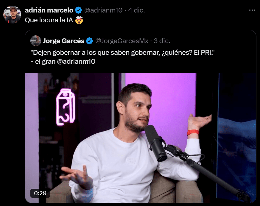 Adrián Marcelo afirma que sus comentarios en favor del PRI fueron realizados con IA