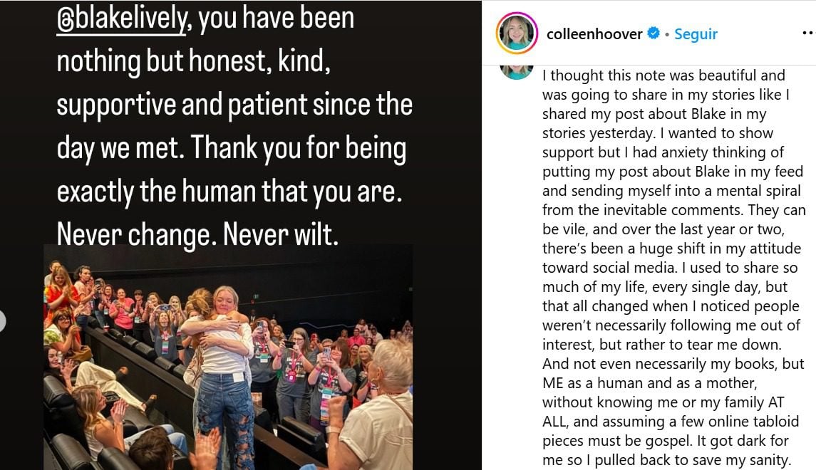La escritora Collen Hoover respalda a Blake Lively