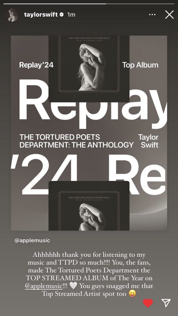 Taylor Swift es la artista más escuchada en la lista de Apple Music Reply 2024