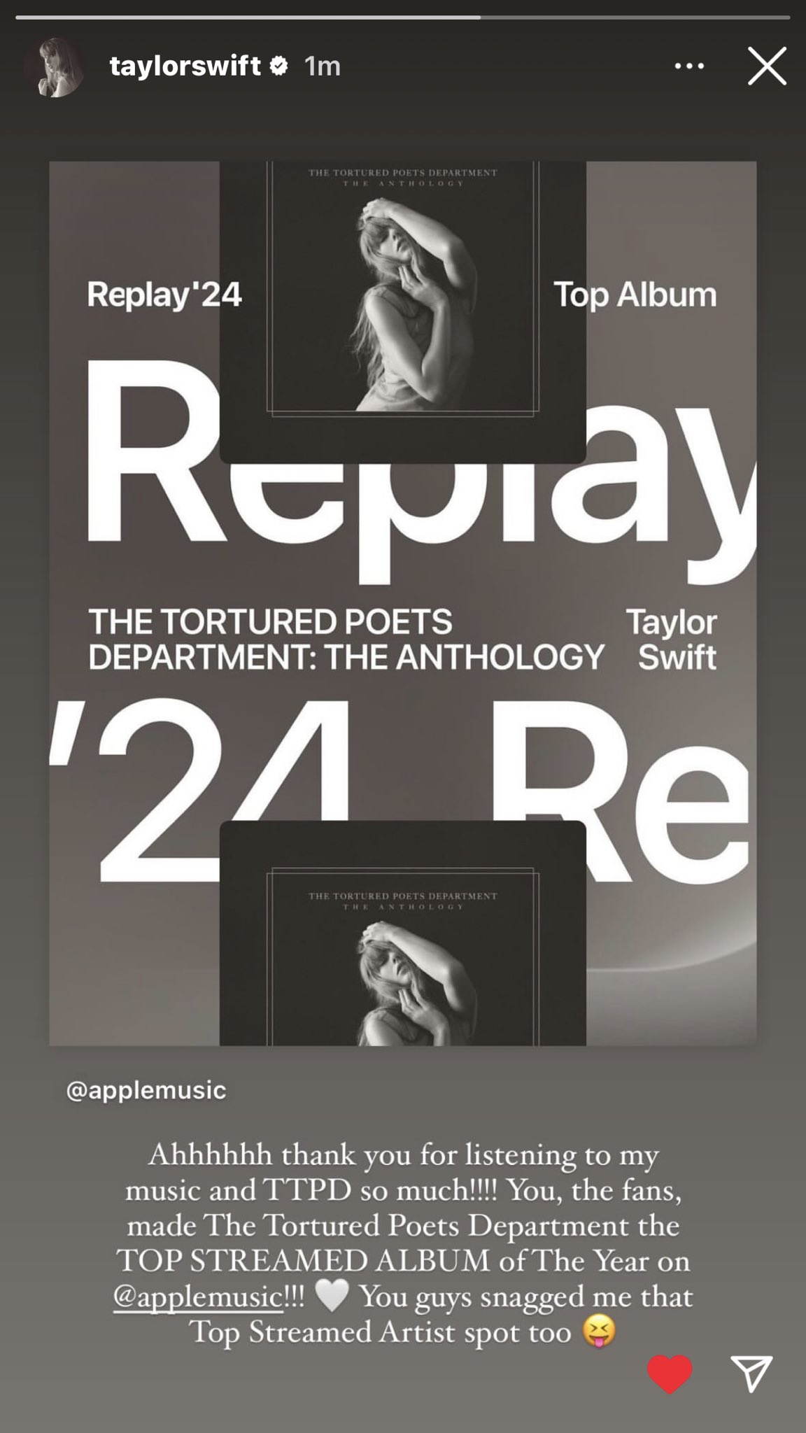 Taylor Swift es la artista más escuchada en la lista de Apple Music Reply 2024