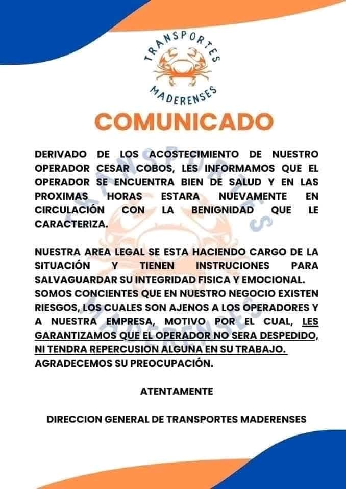 Transportes Maderenses aclaran que el chofer no será despedido