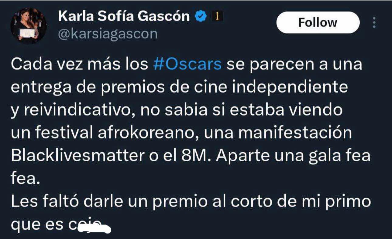Karla Sofía Gascón en controversia por publicaciones.
