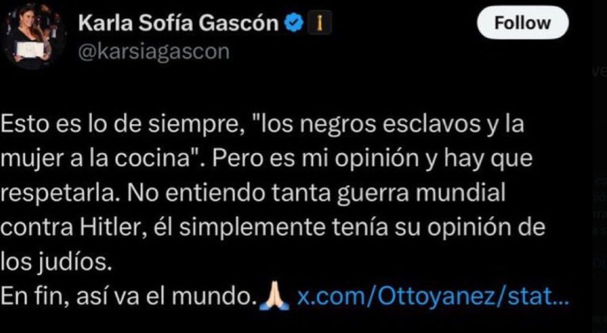 Karla Sofía Gascón crea publicaciones racistas en X.