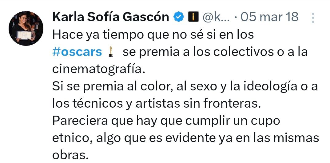 Descubren publicaciones en X de Karla Sofía Gascón contra los Oscar