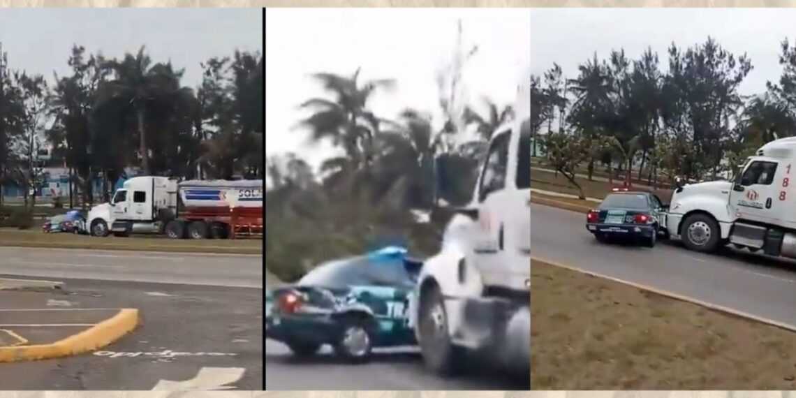 Un incidente de tráiler se viralizó en redes sociales luego arrastrara una patrulla en Veracruz.