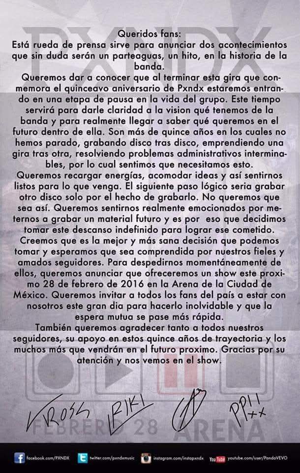 PXNDX anuncia descanso indefinido y ofrece último concierto en Monterrey.