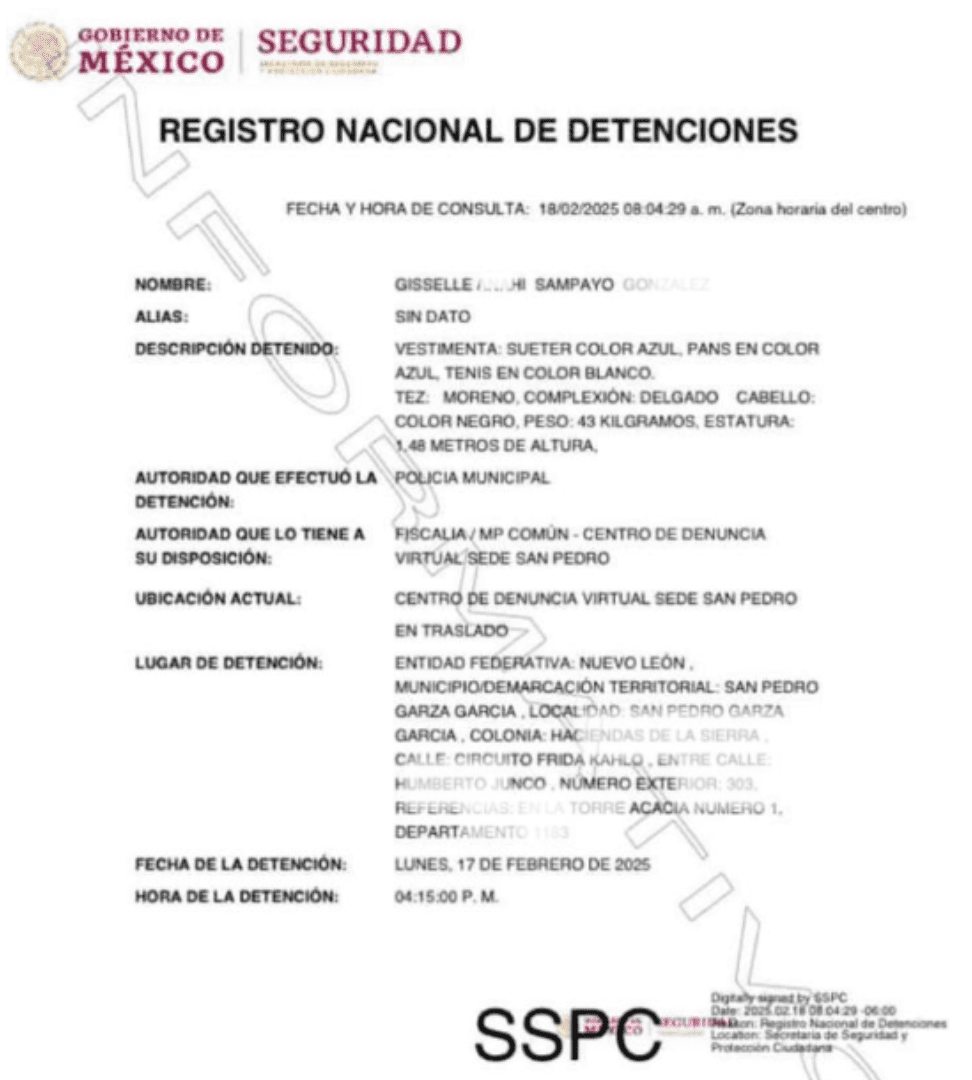 filtran ficha de detención de Giselle Sampayo.