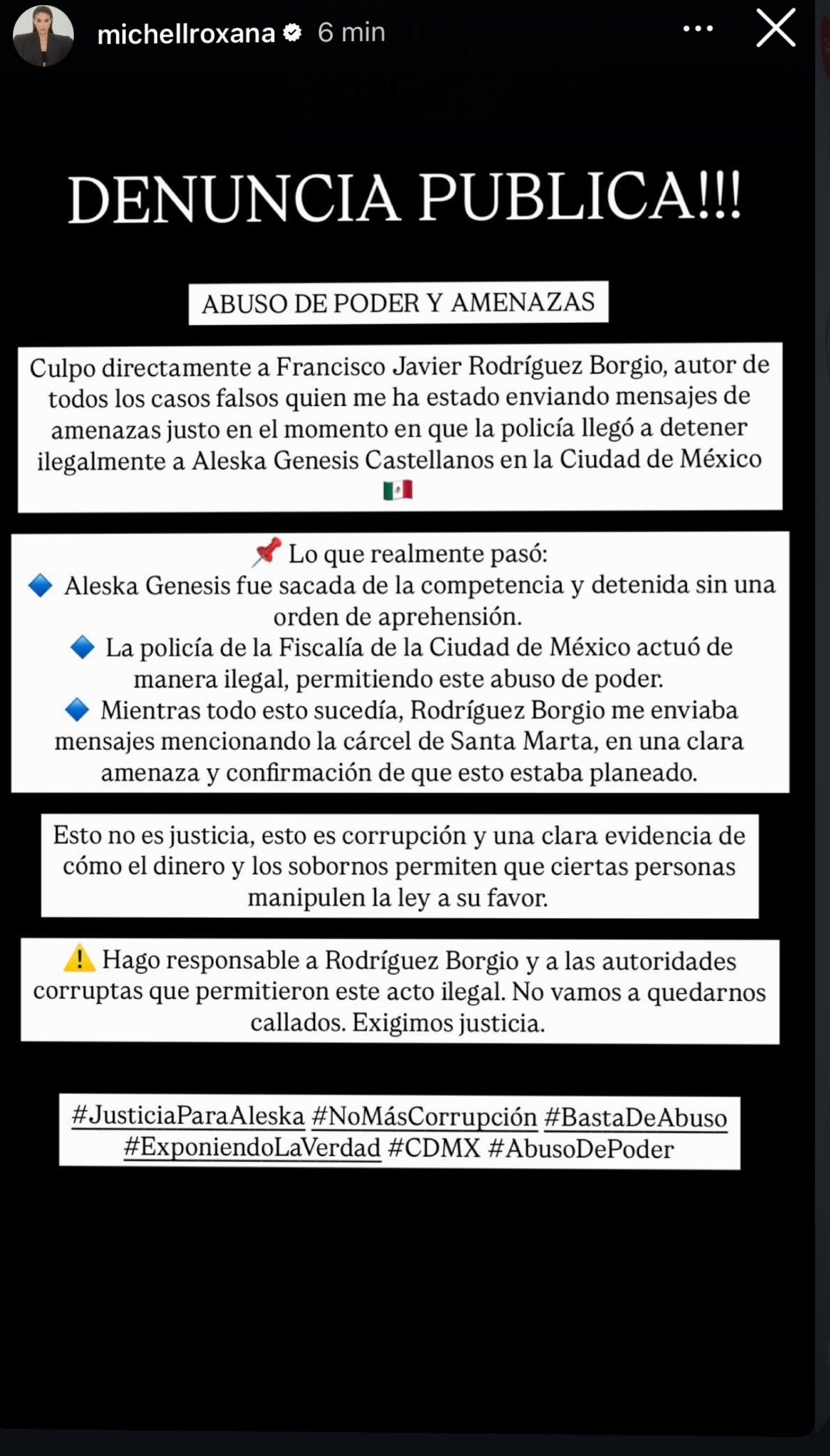 Michelle Roxana lanza comunicado tras su detención. 