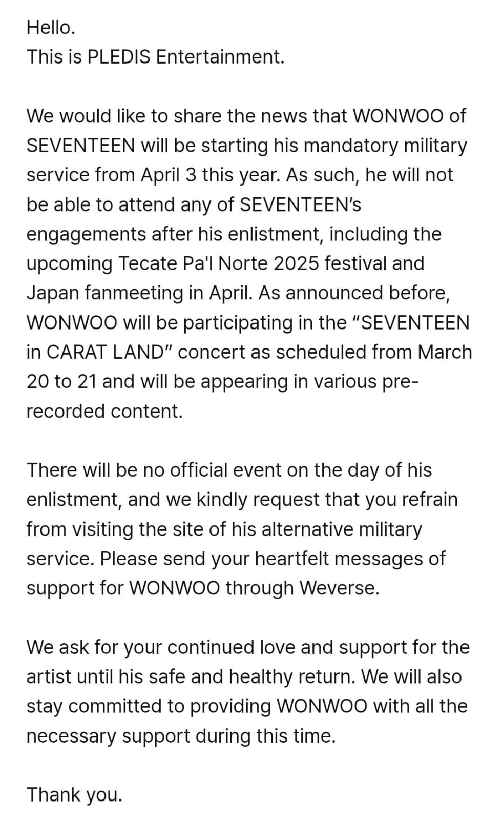 Seventeen informa que Wonwoo no estará en Pa'l Norte porque ingresará al servicio militar.