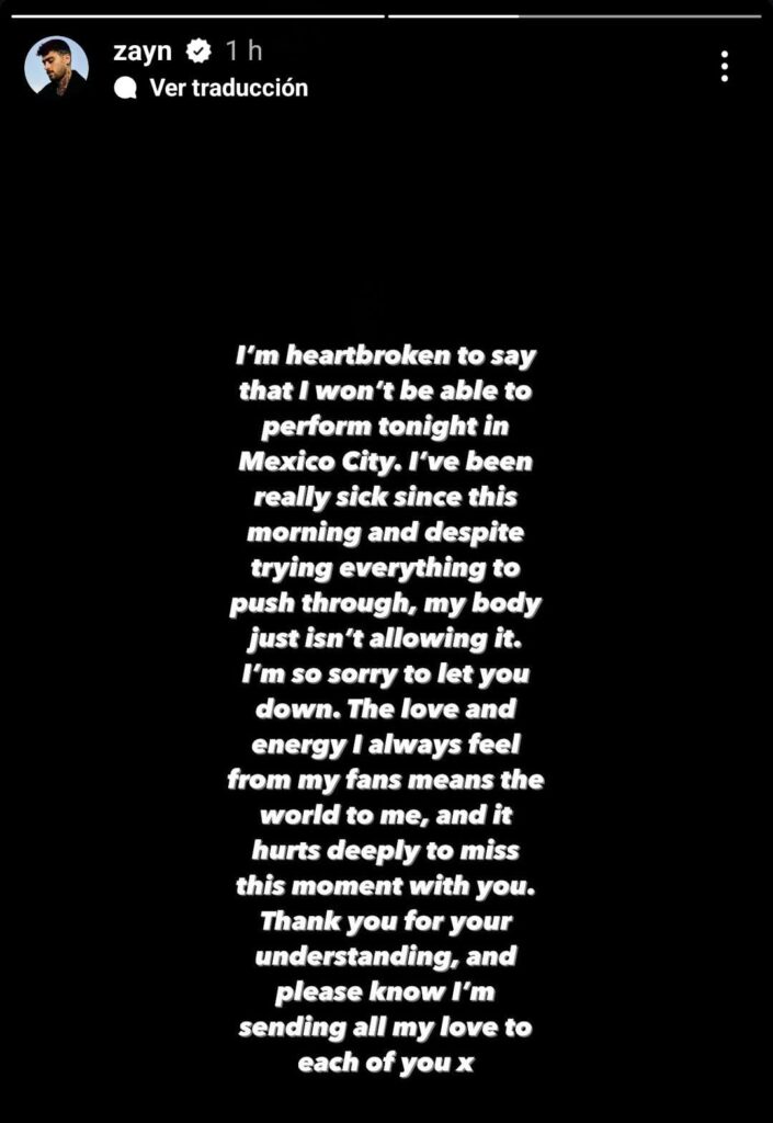 Zayn Malik anuncia cancelación de su concierto en México.