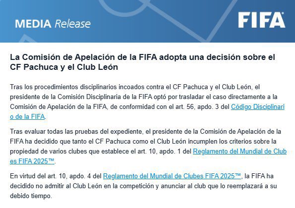FIFA comunicado tras excluir a León. 