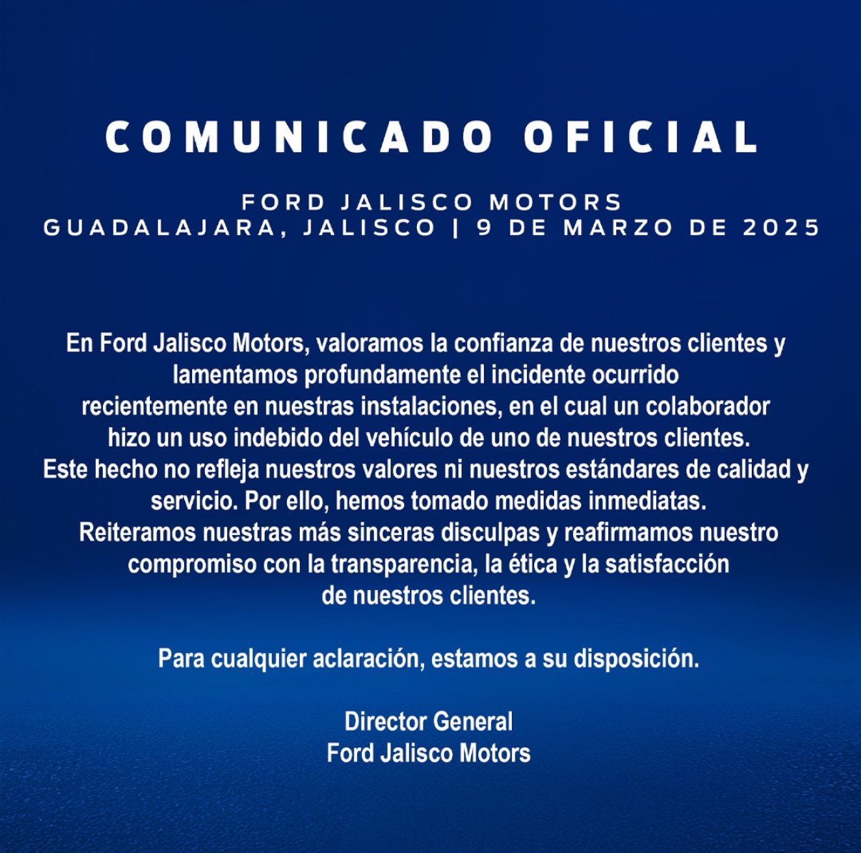 Comunicado Ford Jalisco Motors.