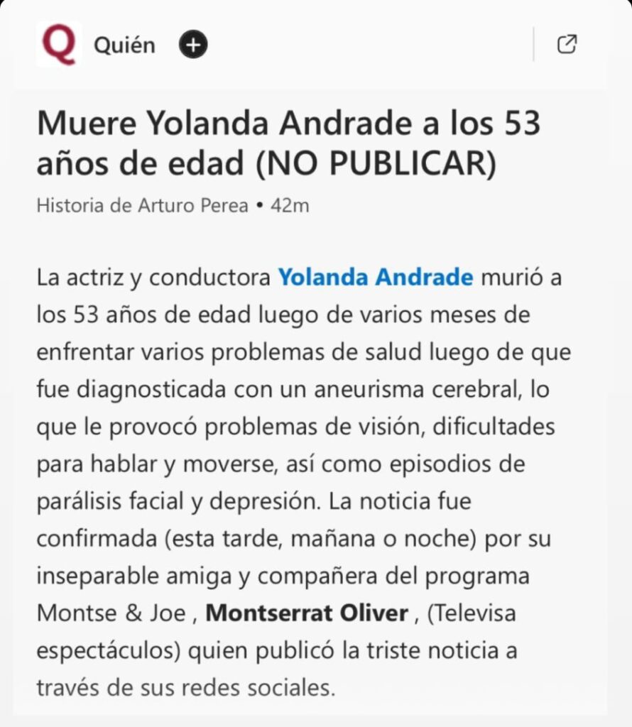 Revista Quién publica noticia falsa sobre muerte de Yolanda Andrade.