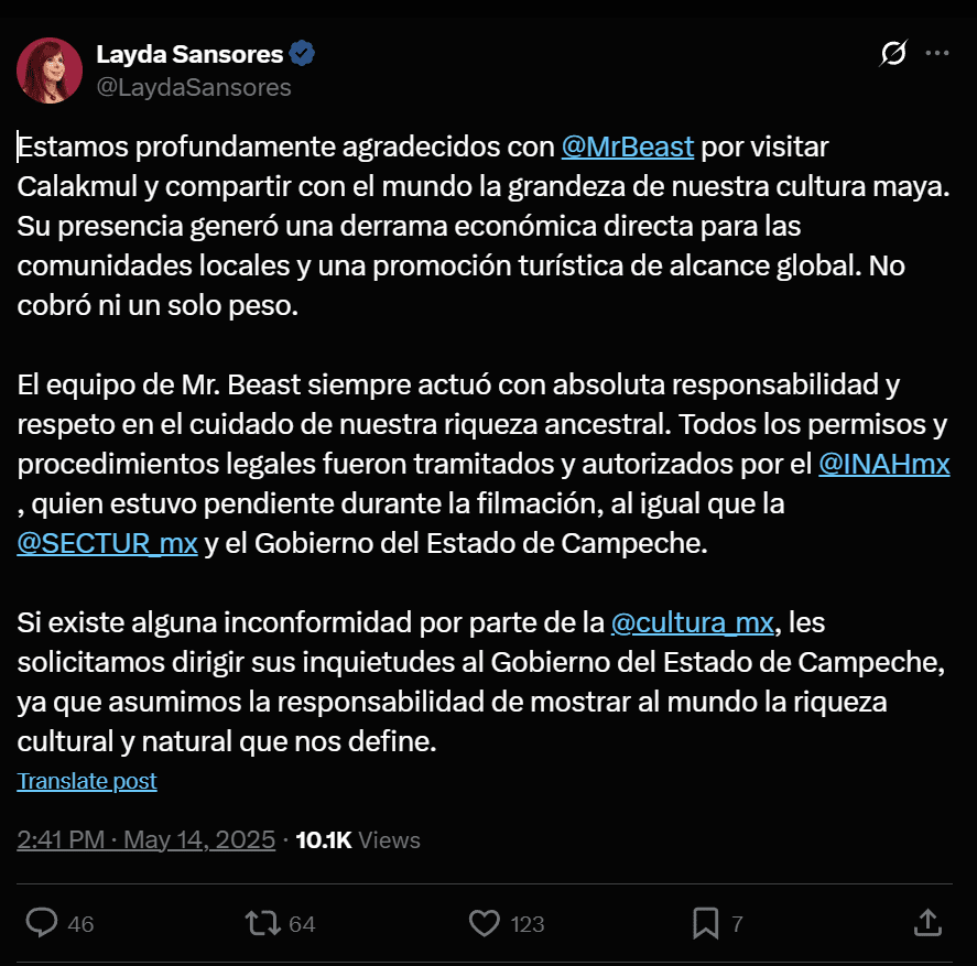 Layda Sansores respalda a MrBeast; asegura que tenía permisos del INAH para acceder a zonas arqueológicas