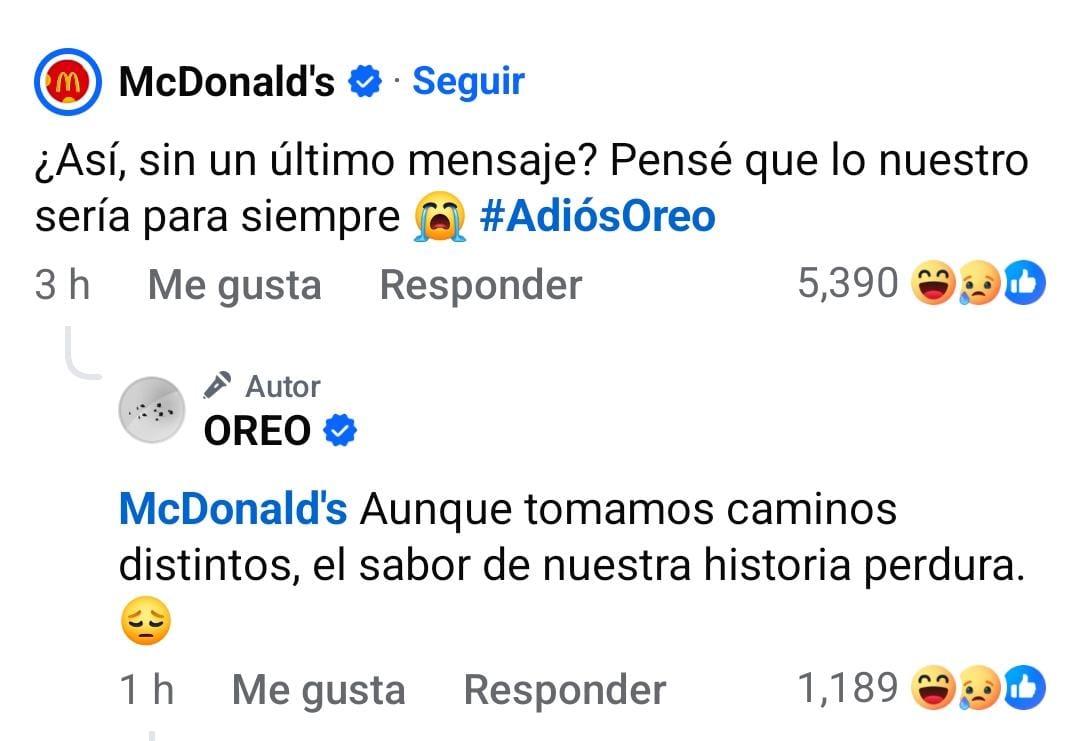 McDonald's se despide de Oreo en comentario de Facebook.