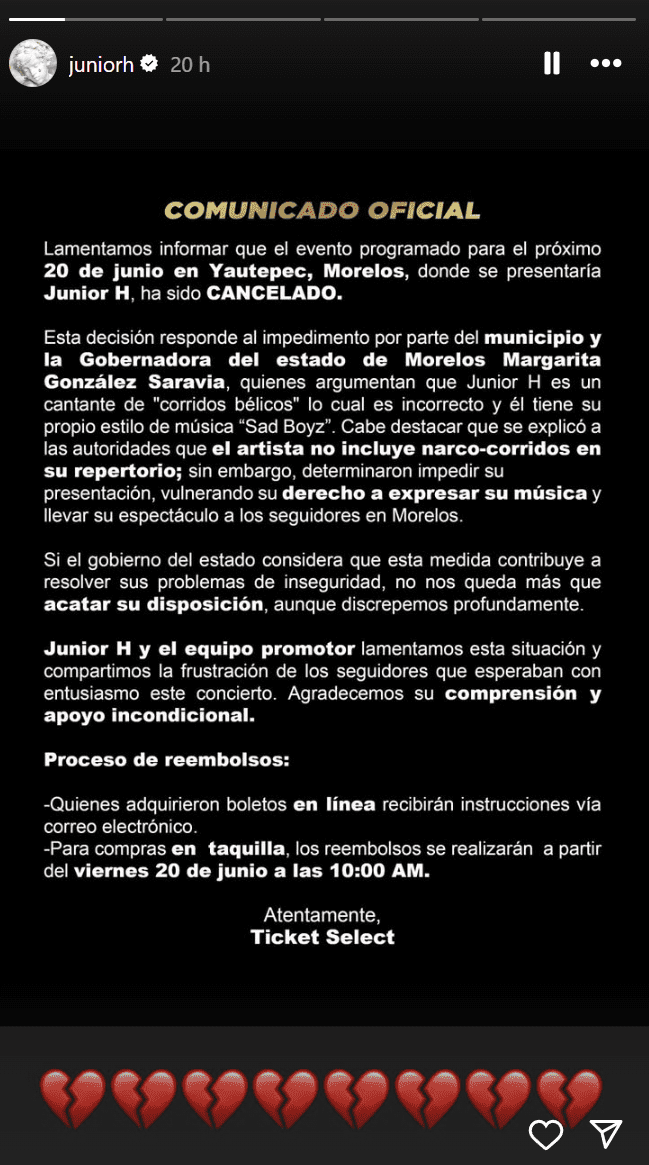 Gobierno cancela el concierto de Junior H.