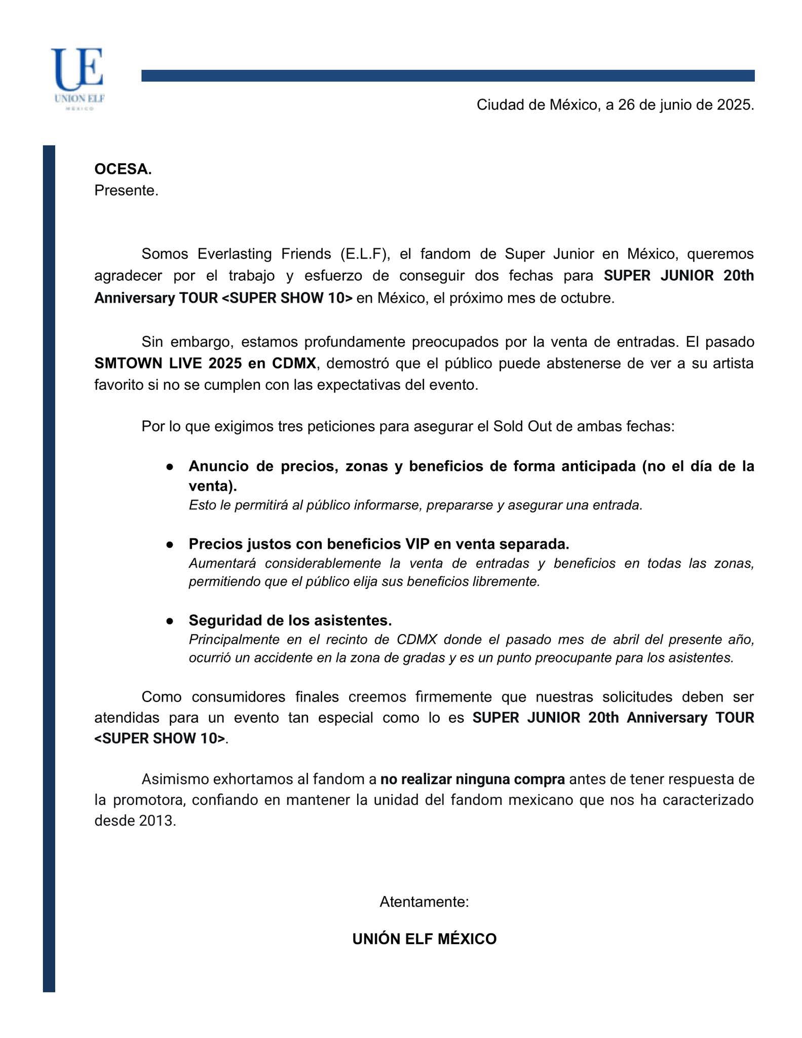 Comunicado de las fans de Super Junior exigiendo a Ocesa.