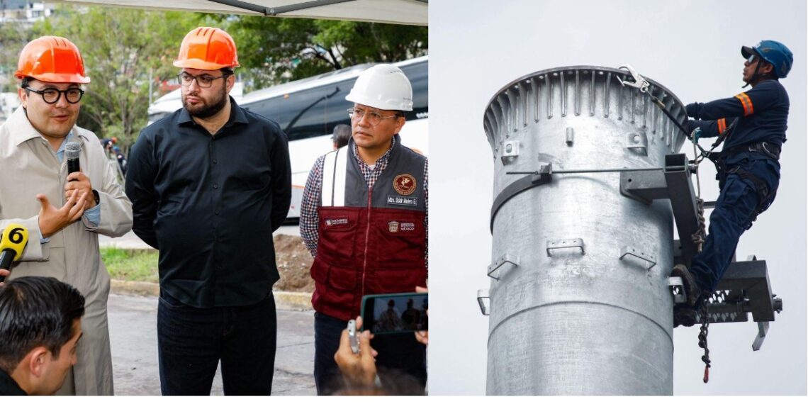 El Presidente Municipal, Isaac Montoya Márquez junto con el secretario de Movilidad del Estado de México, Daniel Sibaja González, supervisaron el montaje del primero de los 62 postes con los que contará la Línea 3 del Mexicable