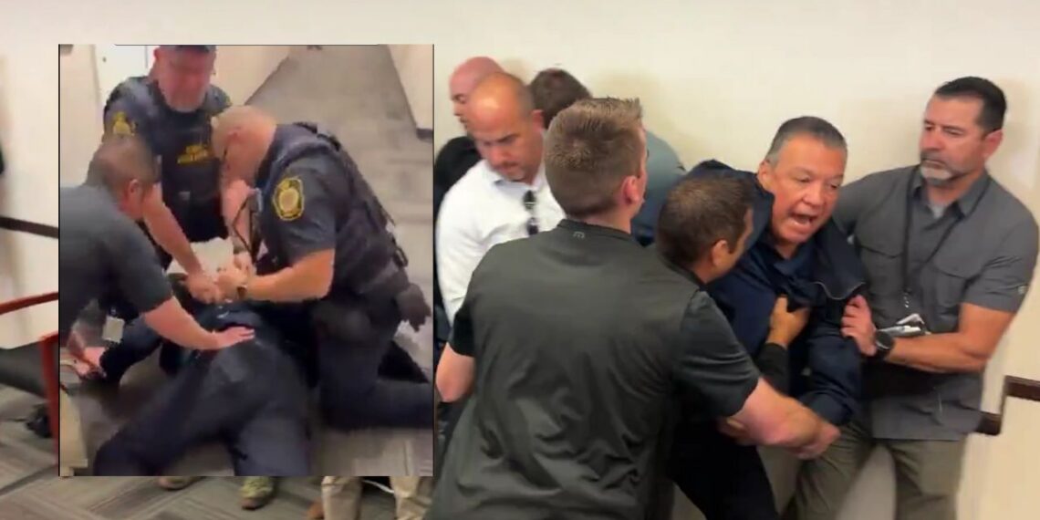 VIDEO sacan por la fuerza a senador demócrata de conferencia de Kristi Noem en Los Ángeles