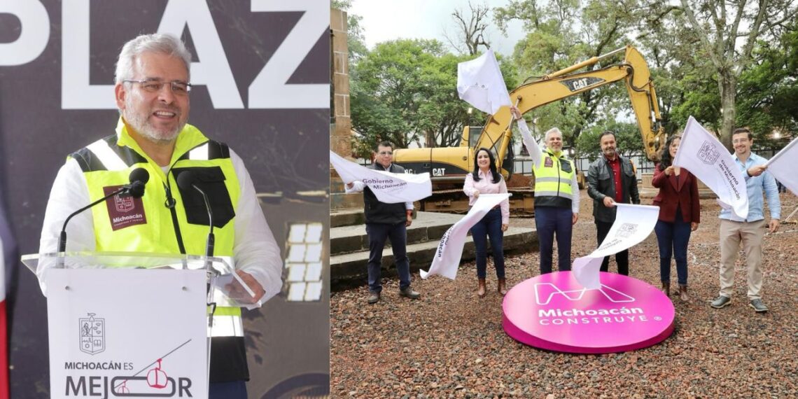 Avanzan obras en Pátzcuaro; Bedolla arranca obras en la plaza Gertrudis Bocanegra