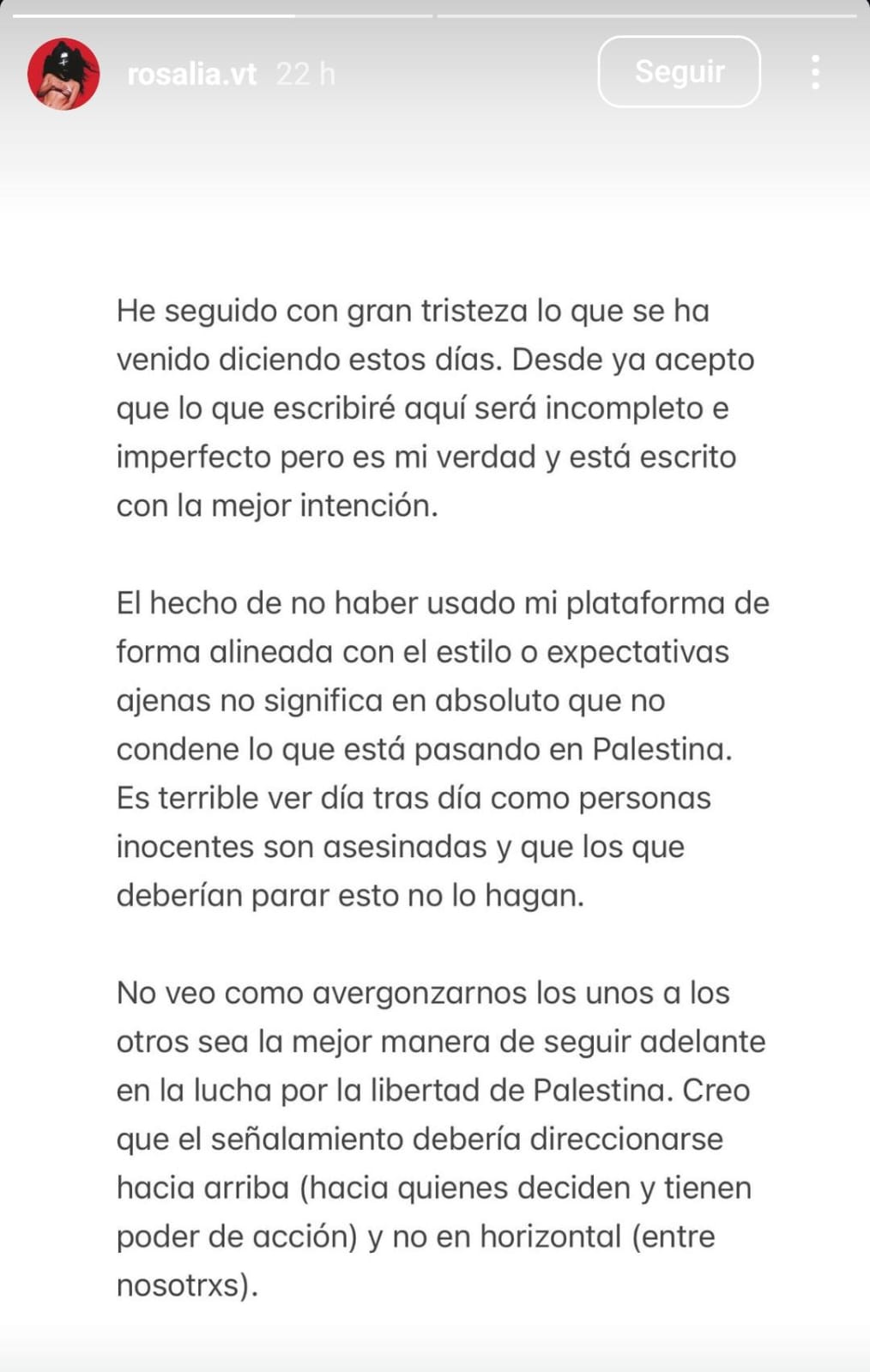 Comunicado de Rosalía respondiendo a su política respecto a su silencio sobre Palestina.