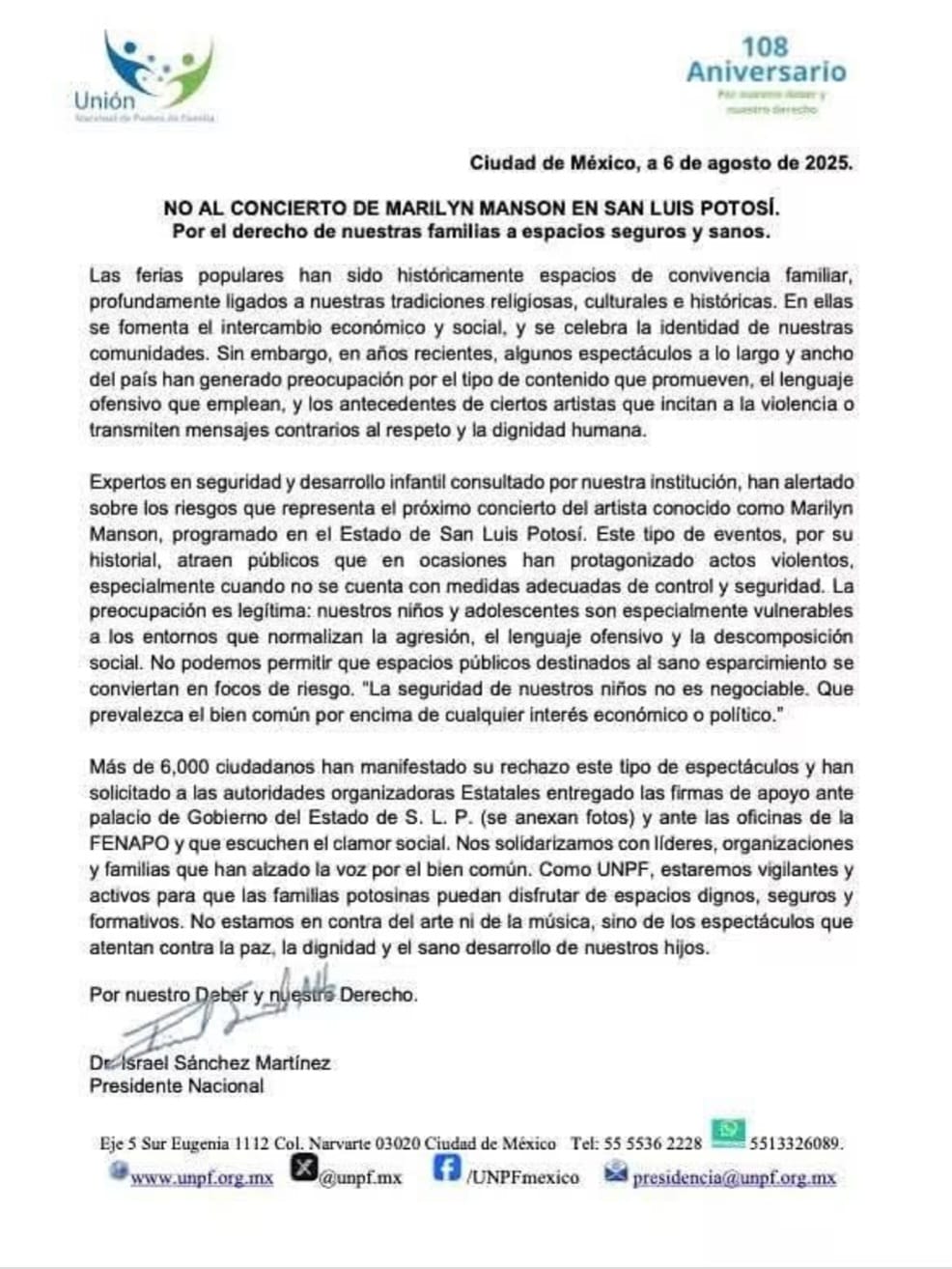 Israel Sánchez, presidente de la UNPF, externó su inconformidad con el show de Manson.