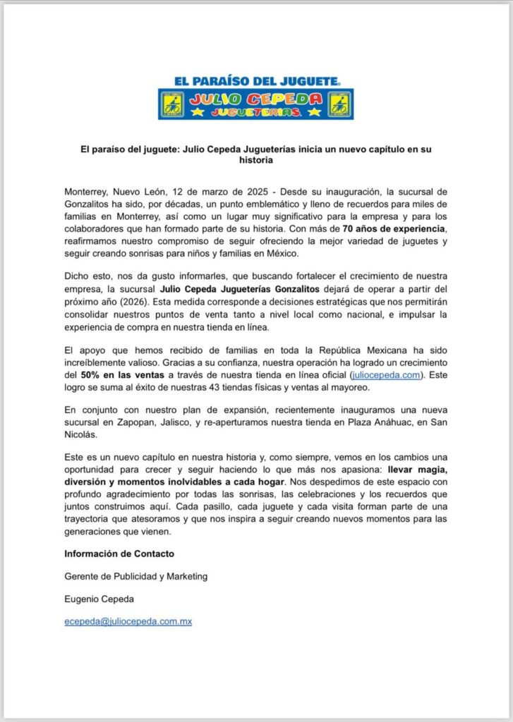 La juguetería Julio Cepeda cierra su emblemática sucursal en Monterrey.