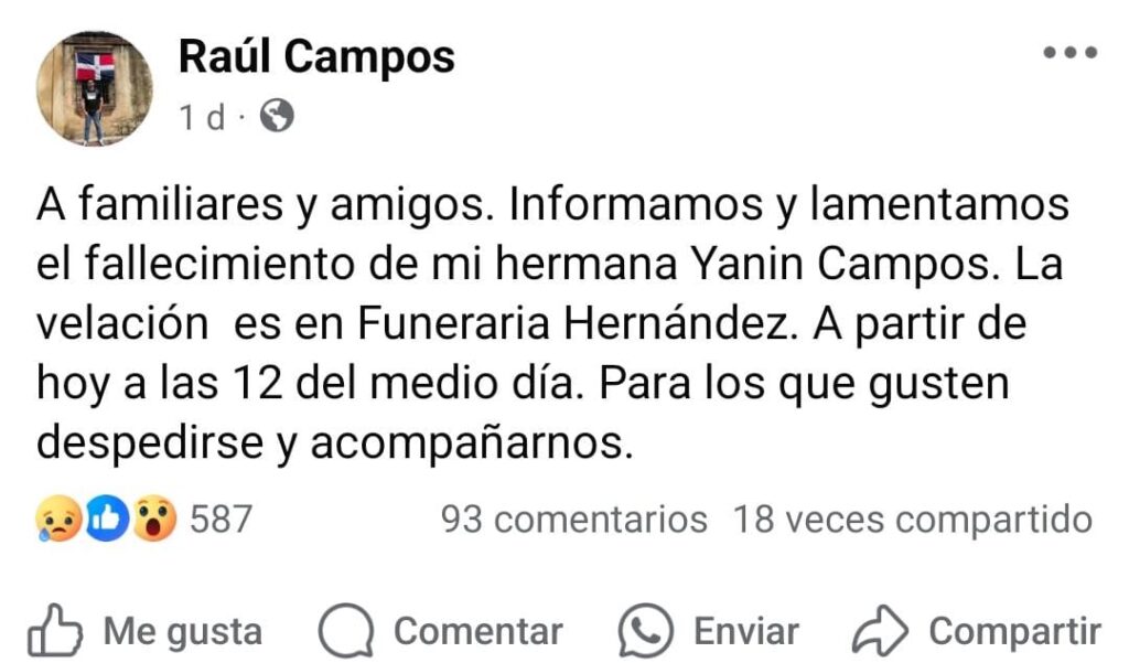 Hermano de Yanin Campos confirma su fallecimiento.