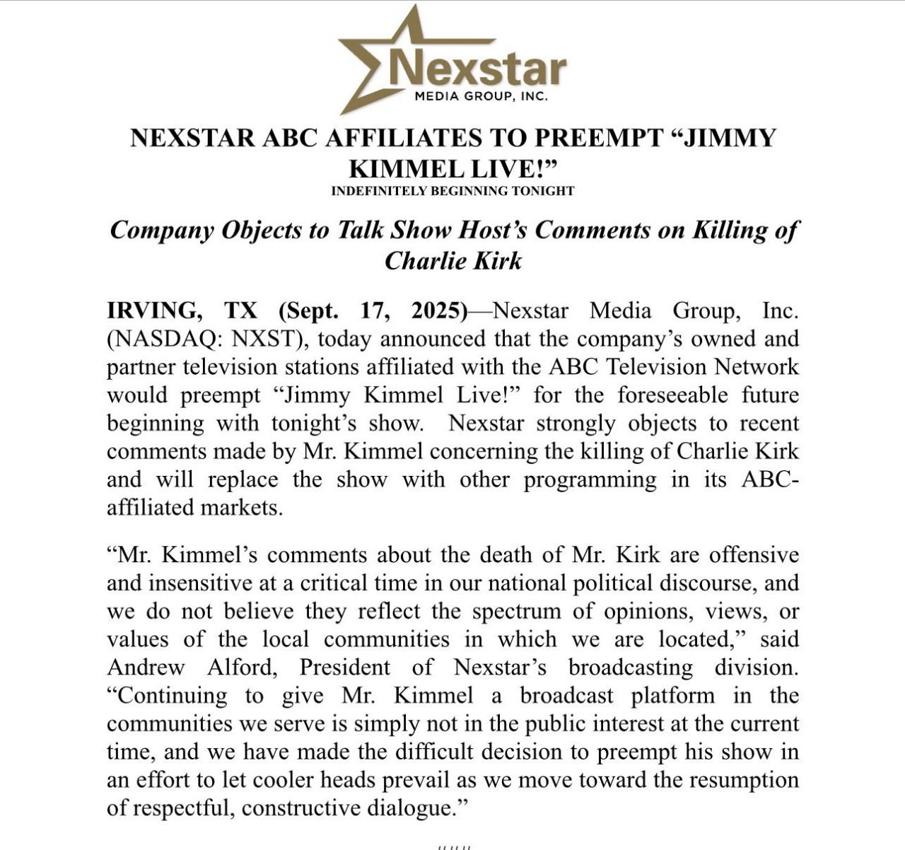 Comunicado de Nexstar Media Group, empresa que opera varias de las filiales de ABC.