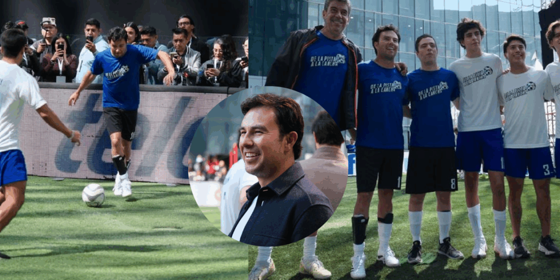 Checo Pérez anota tres goles a Oswaldo Sánchez en el partido “De la pista a la cancha” previo al Gran Premio de México