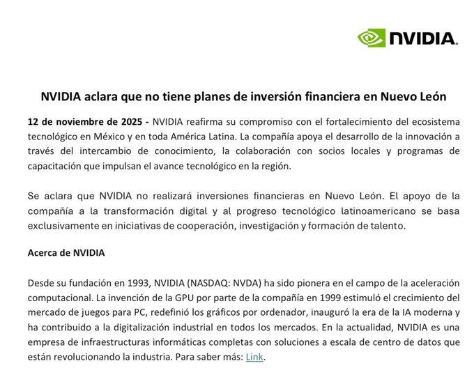 Comunicado de NVIDIA negando la inversión billonaria en Nuevo León