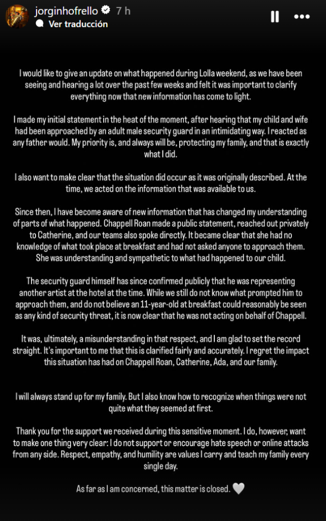 Jorginho aclara polémica: Chappell Roan no estuvo involucrada en incidente con su hija