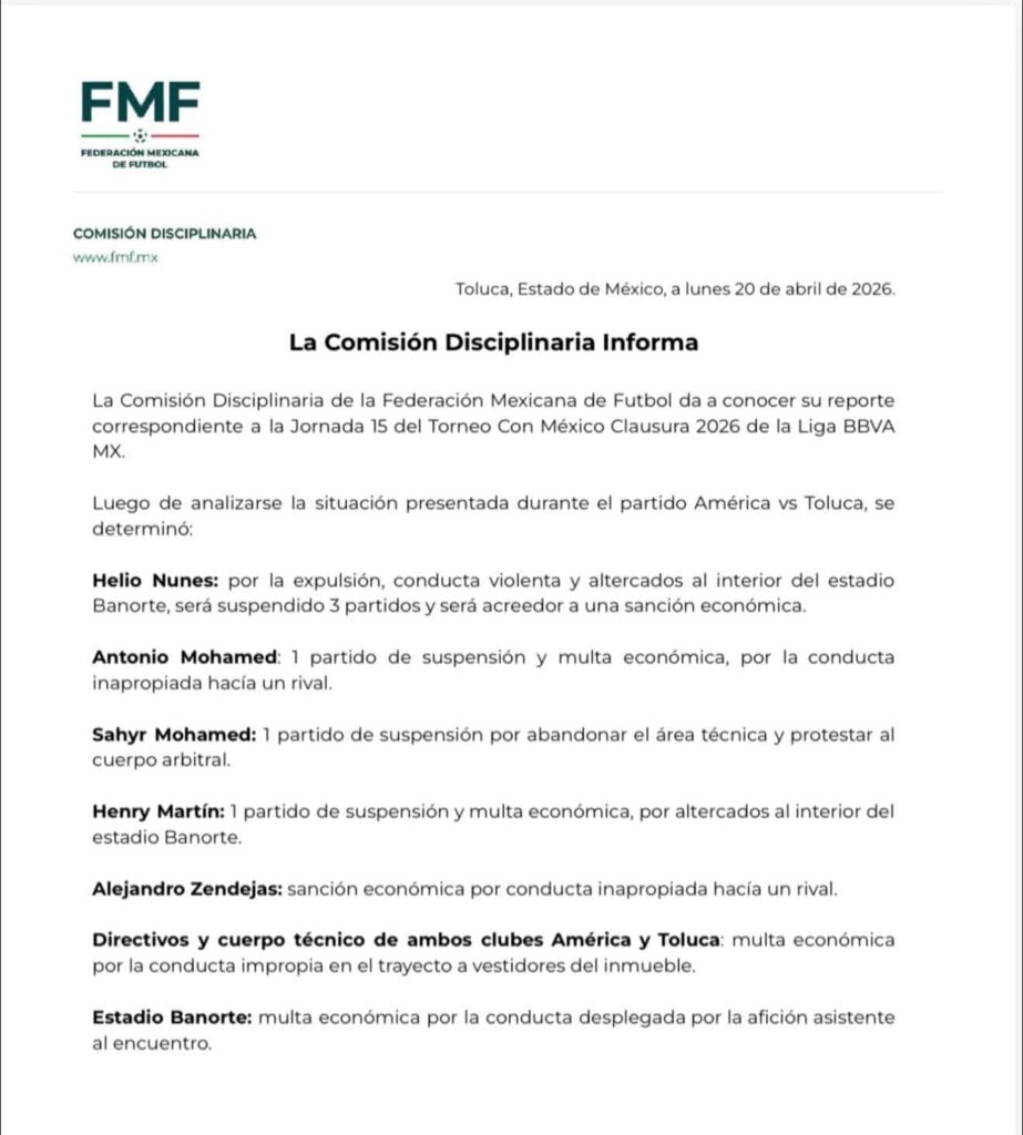 Comisión Disciplinaria FMF anuncia sanciones por bronca entre América y Toluca