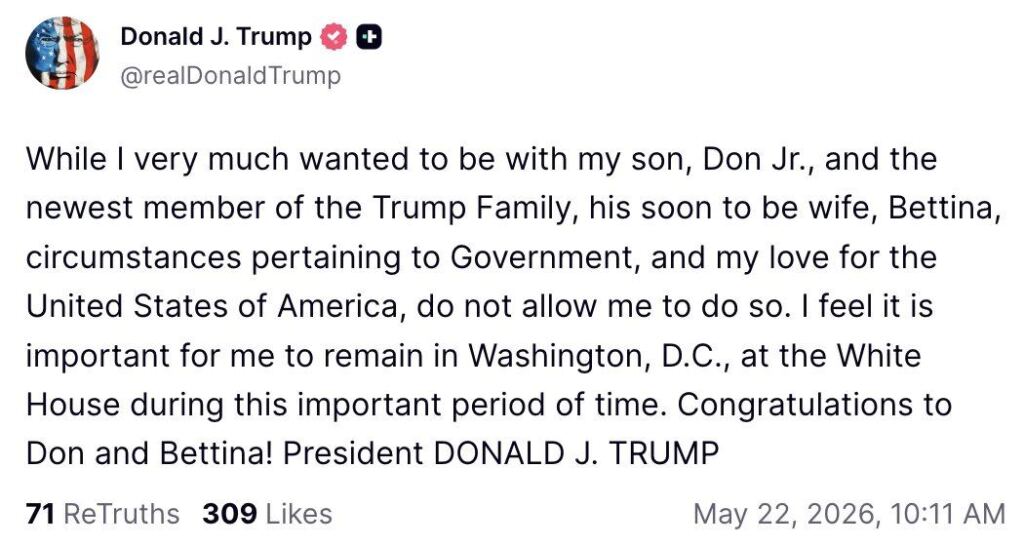Trump confirma que no irá a la boda de su hijo.
