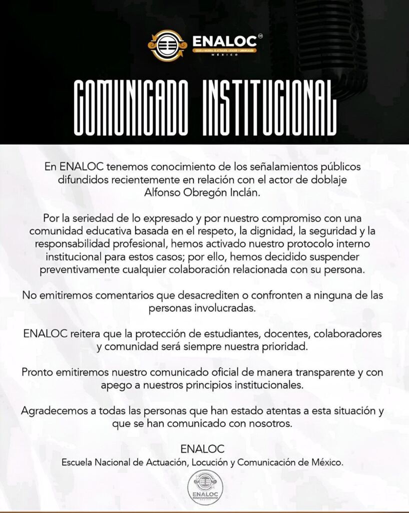 ENALOC suspende colaboración con Alfonso Obregón tras nuevas acusaciones públicas