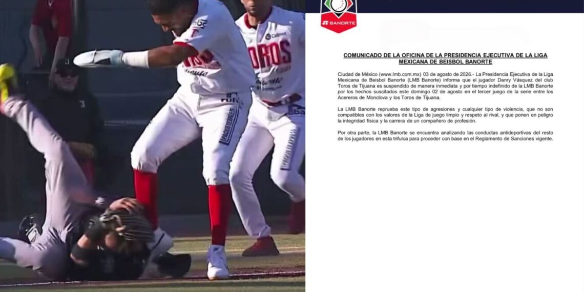 Liga Mexicana de Béisbol suspende a Danry Vásquez, jugador de Toros de Tijuana, por golpear a un rival