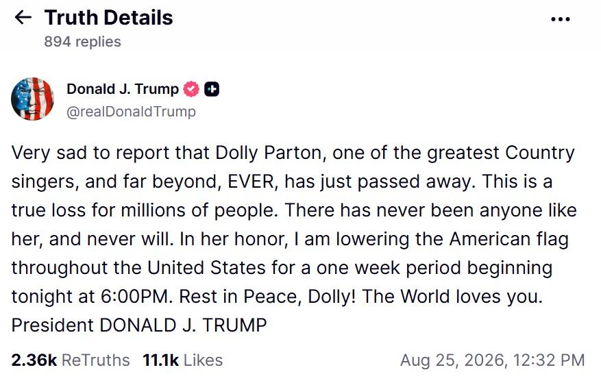 Donald Trump ordena izar a media asta las banderas de Estados Unidos tras la muerte de Dolly Parton