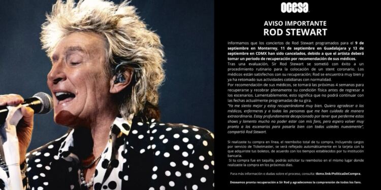 Rod Stewart cancela sus conciertos en México tras someterse a un procedimiento coronario