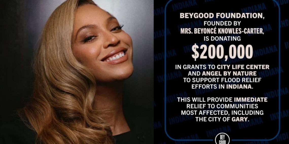 Beyoncé dona 200 mil dólares para apoyar a víctimas de las inundaciones en Indiana