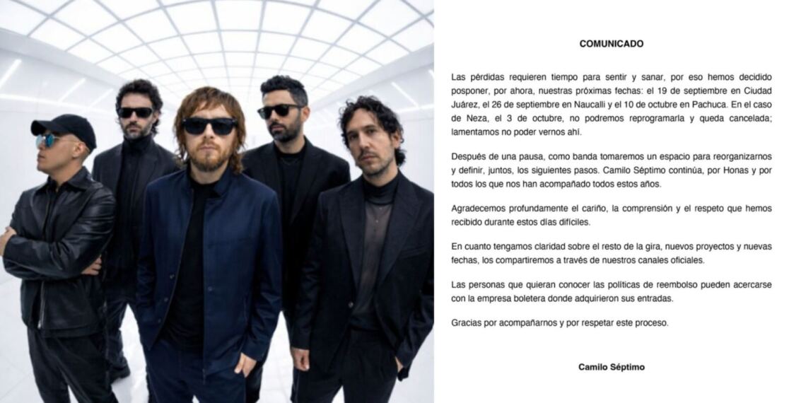 Camilo Séptimo pospone conciertos y cancela una fecha tras la muerte de Honas, confirman que la banda continúa